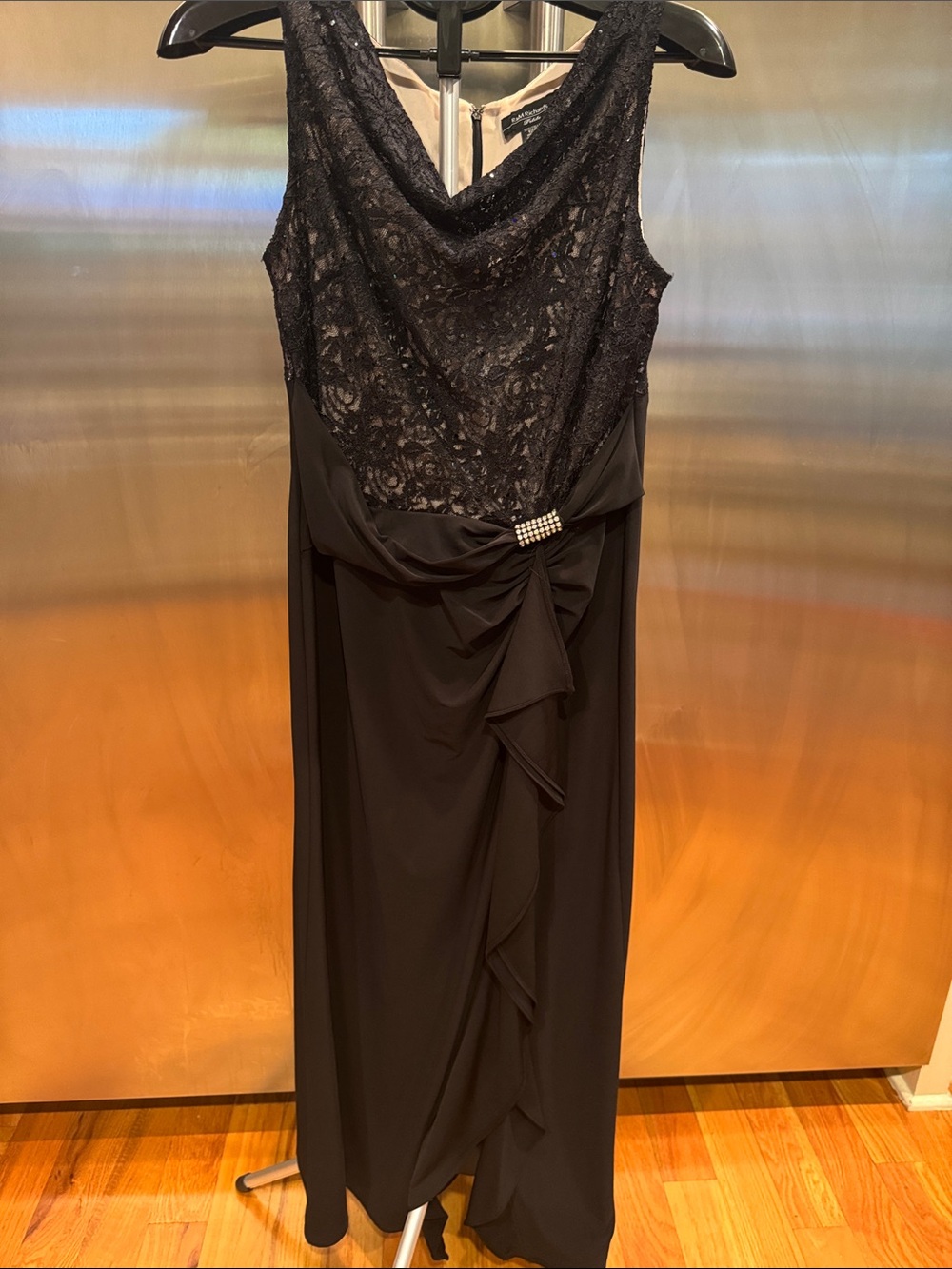 R&M Richards Black Lace Cowl Neck Maxi Dress with Rhinestone Accent
